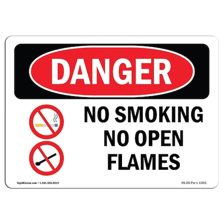 OSHA Danger Sign, No Smoking No Open Flames, 5in X 3.5in Decal, 10PK